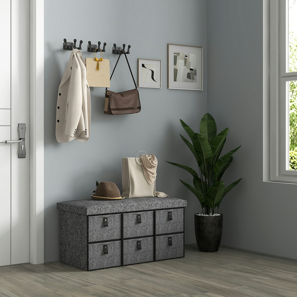 image 1 of HOMCOM Shoe Bench with Cushioned Seat, 6 Fabric Drawers for Entryway Hallway | Grey | Black