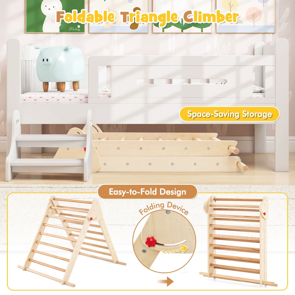 image 1 of COSTWAY Pikler Triangle Set Foldable Triangle Climber Climbing Toys-Natural