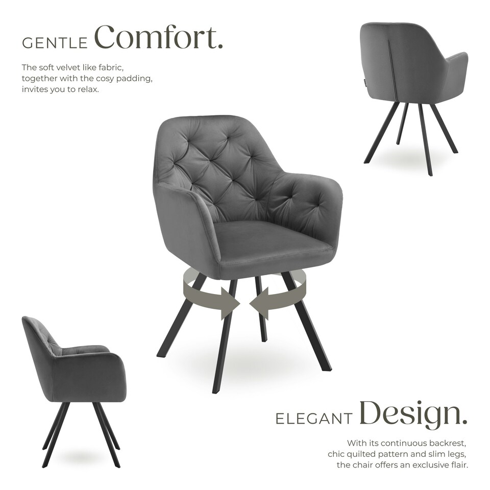image 1 of Armchair Lucia - padded, quilted pattern, 180 degree swivel chair - Set of 6 Grey | Anthracite