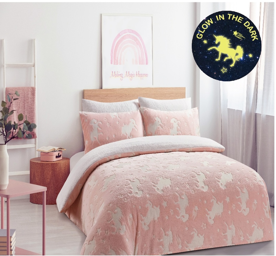 Homes Linen Glow In The Dark Pink Unicorn Duvet Cover Set Kids Soft Fleece Reversible Bedding with Pillowcases | Pink | Single