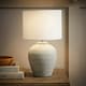 image 1 of ValueLights Reid Linen Drum Lamp Shade Stone Grey Ribbed Ceramic Small Table Lamp | Grey