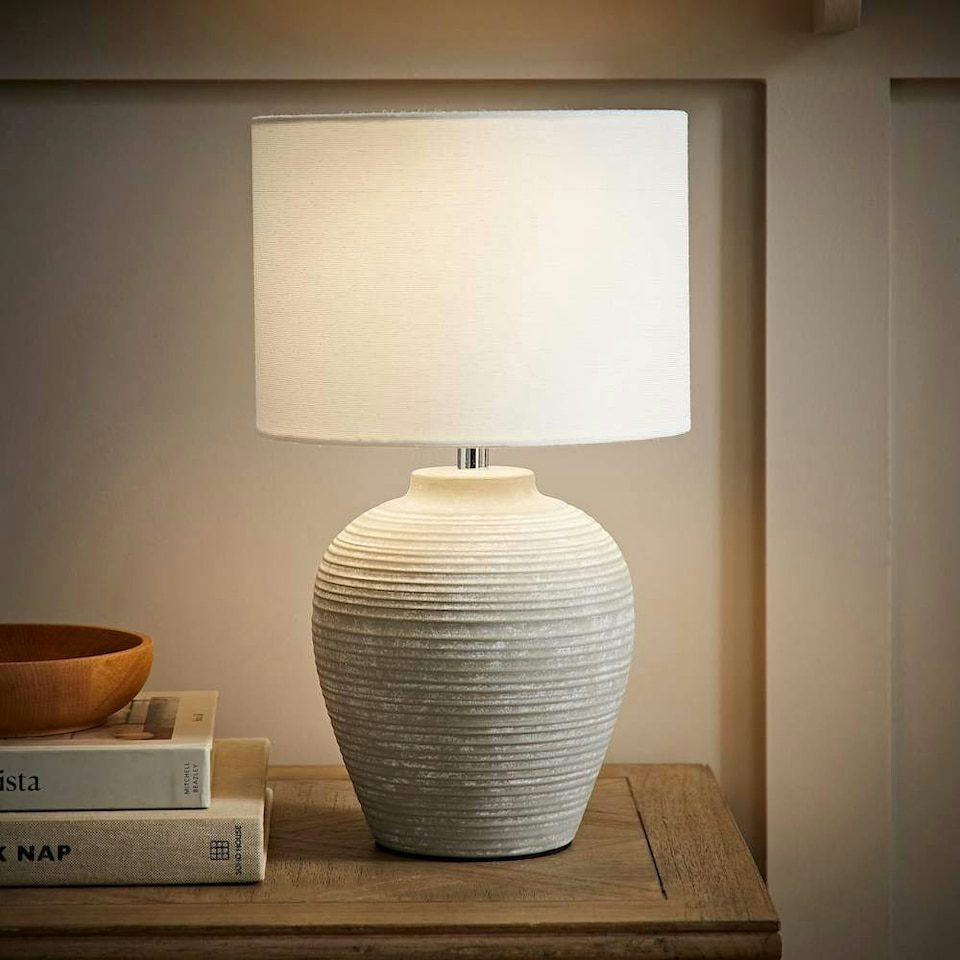 image 1 of ValueLights Reid Linen Drum Lamp Shade Stone Grey Ribbed Ceramic Small Table Lamp | Grey