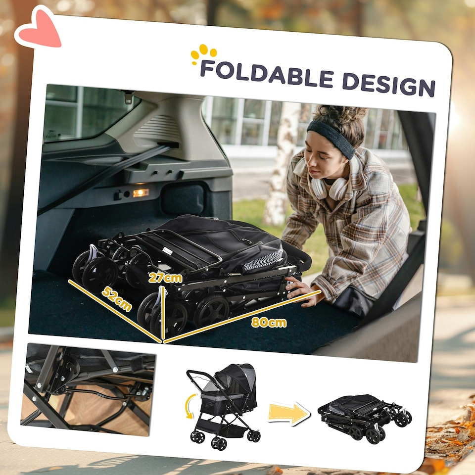 image 1 of PawHut Pet Stroller Dog Foldable Travel Carriage with Reversible Handle, Black