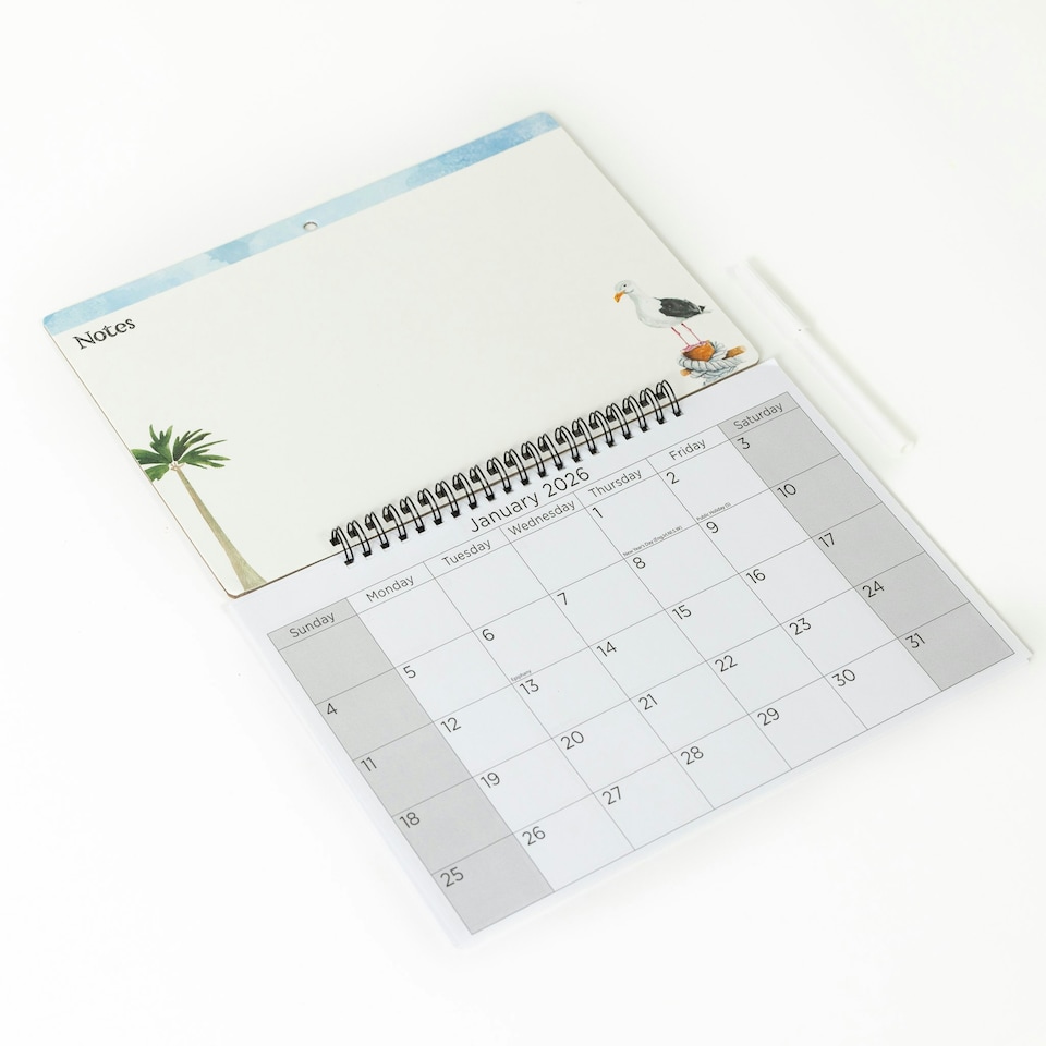 image 1 of 2026 Monthly Memo Board Calendar & Pen Seaside Design