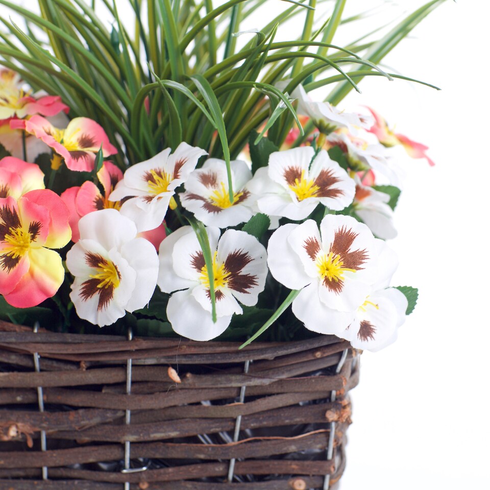 image 1 of Best Artificial Pre-Made 44cm Peach & White Pansy Flowers in Rattan Wicker Planter Pot - Suitable For Outside Use | Pink | Peach and White | 1