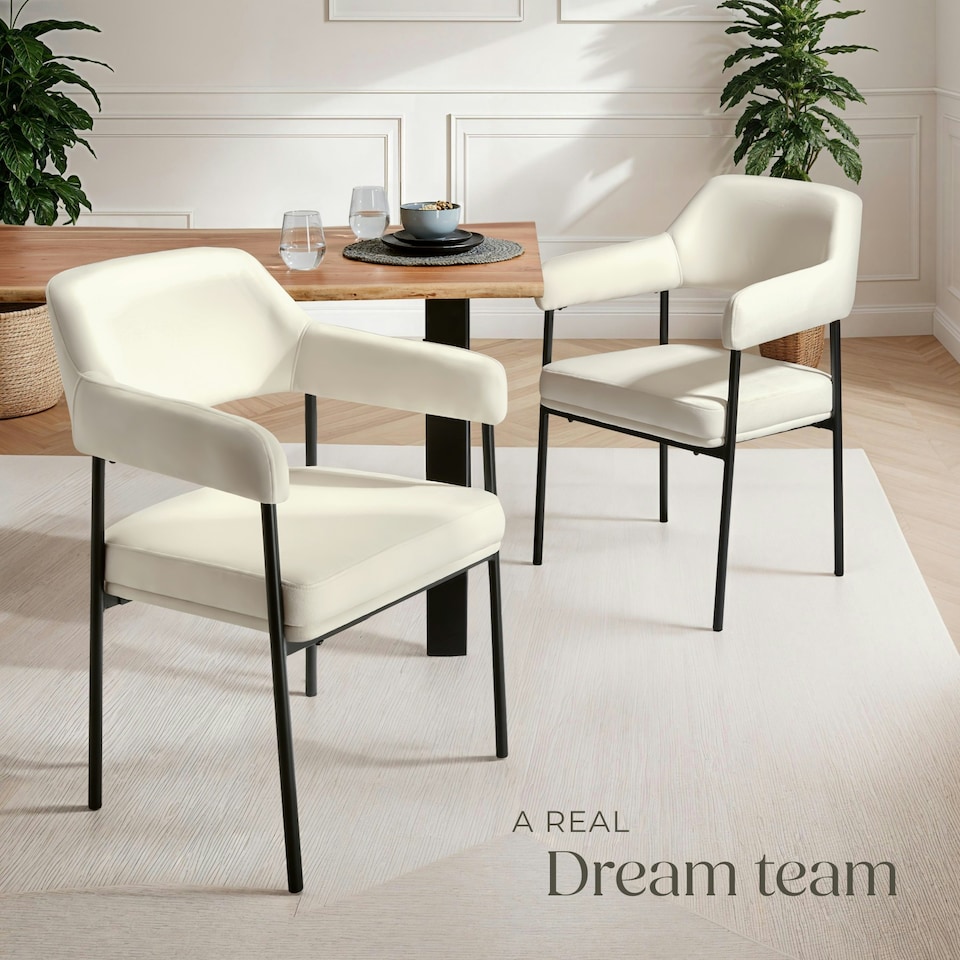 image 1 of Armchair Doe - durable fabric, black powder-coated legs, 120 kg load, 58 x 62 x 85 cm - Set of 2 White | Velvet Look Off-White