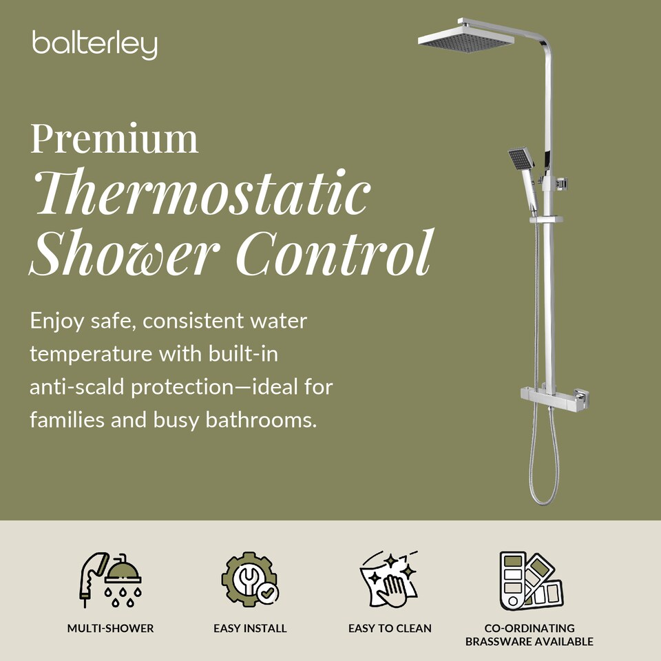 image 1 of Balterley Empire Square Thermostatic Shower Kit with Fixed Head and Adjustable Handset | Silver | Chrome | 1