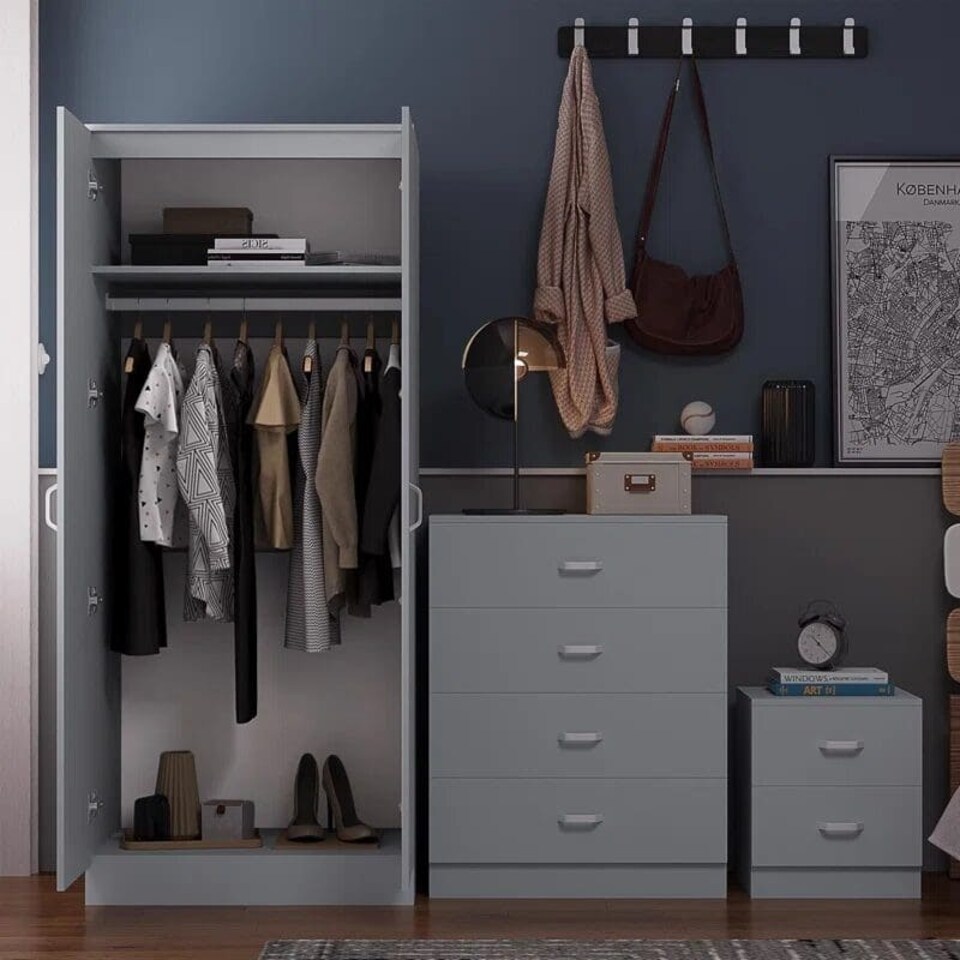 image 1 of FWStyle Tunis 3 Piece Bedroom Furniture Set - Matt Grey - Wardrobe + Chest + Bedside