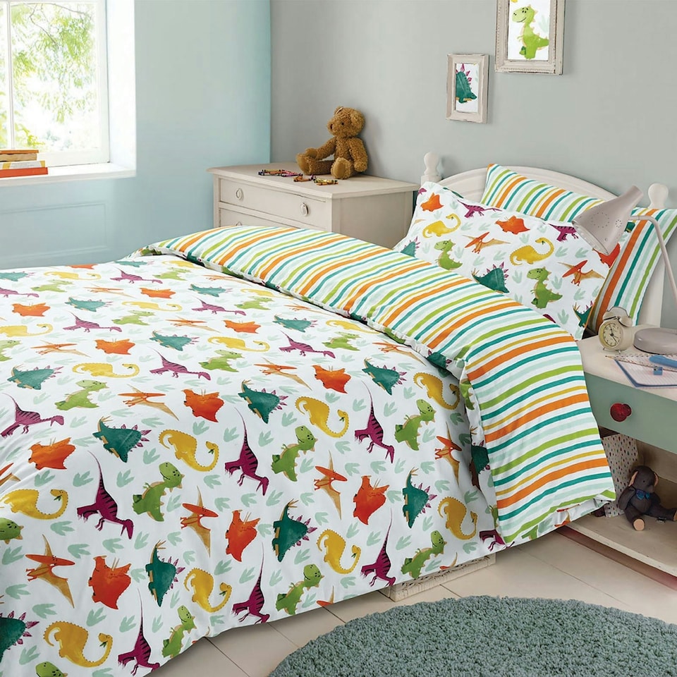 OHS Dino Stripe Reversible Print Duvet Covet and Pillowcase Set, Junior - Multi