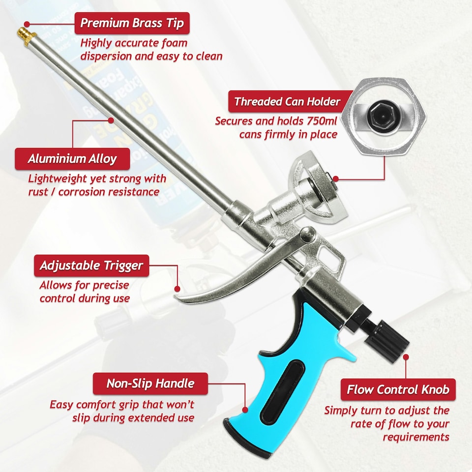 image 1 of SPARES2GO Expanding Foam Applicator Gun Caulking Sealing Filling Spray Tool Kit (for 750ml Threaded Connector Cans)