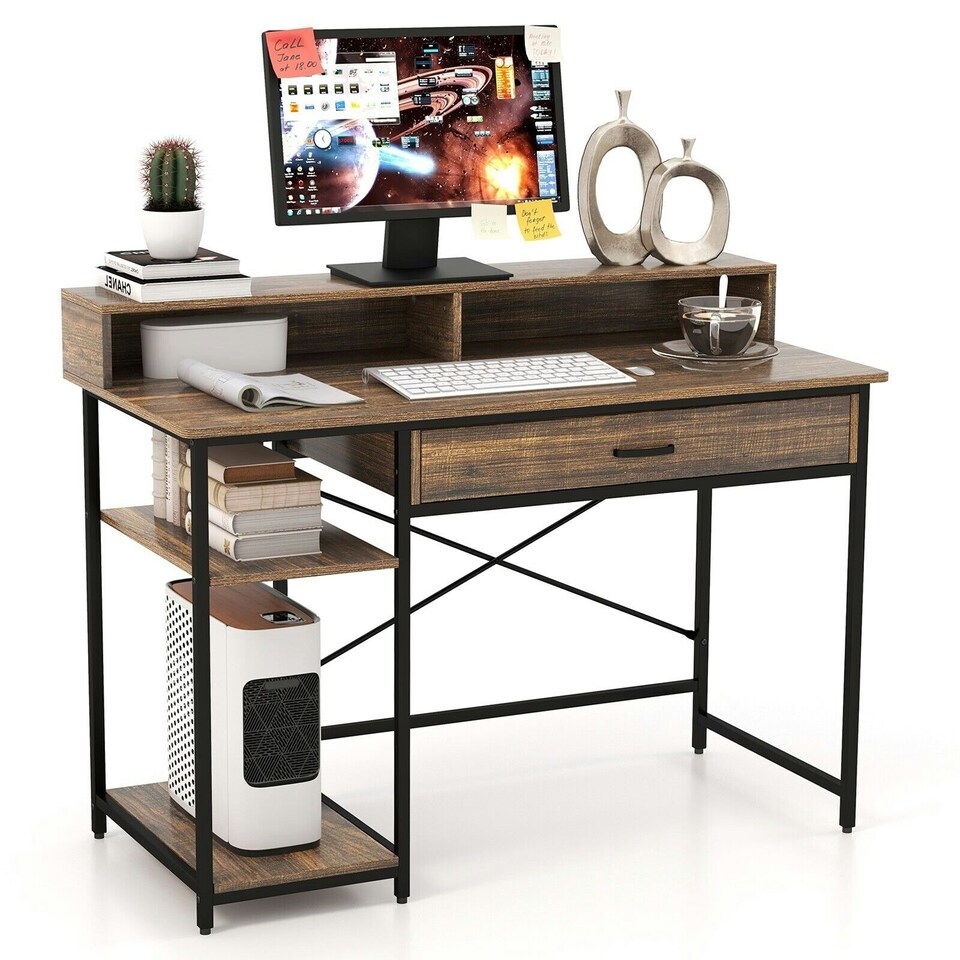 image 1 of COSTWAY Computer Desk Writing Workstation w/Storage Drawer Brown