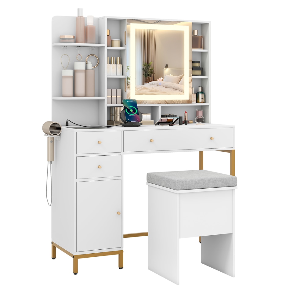 image 1 of COSTWAY Makeup Vanity Desk Dressing Table & Stool Set White