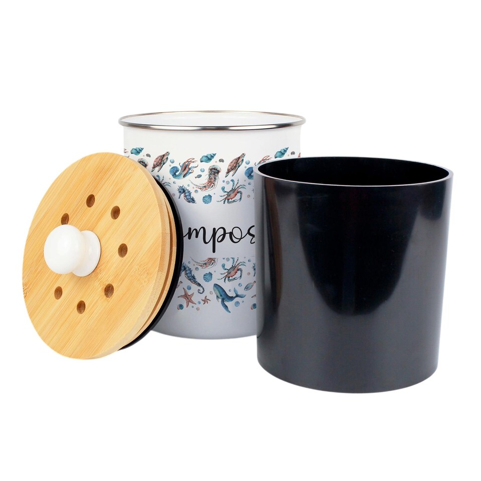 image 1 of Sea Art Compost Caddy - Metal 2L Decorative Kitchen Food Waste Bin