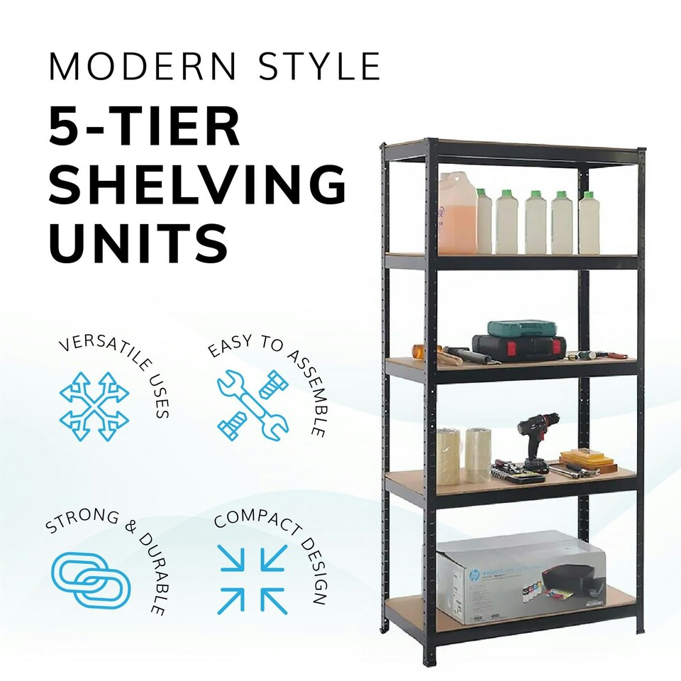 image 1 of Boltless 5 Tier Shelving Racking Heavy Duty Steel Shelf Unit Shed Garage Home Black Black