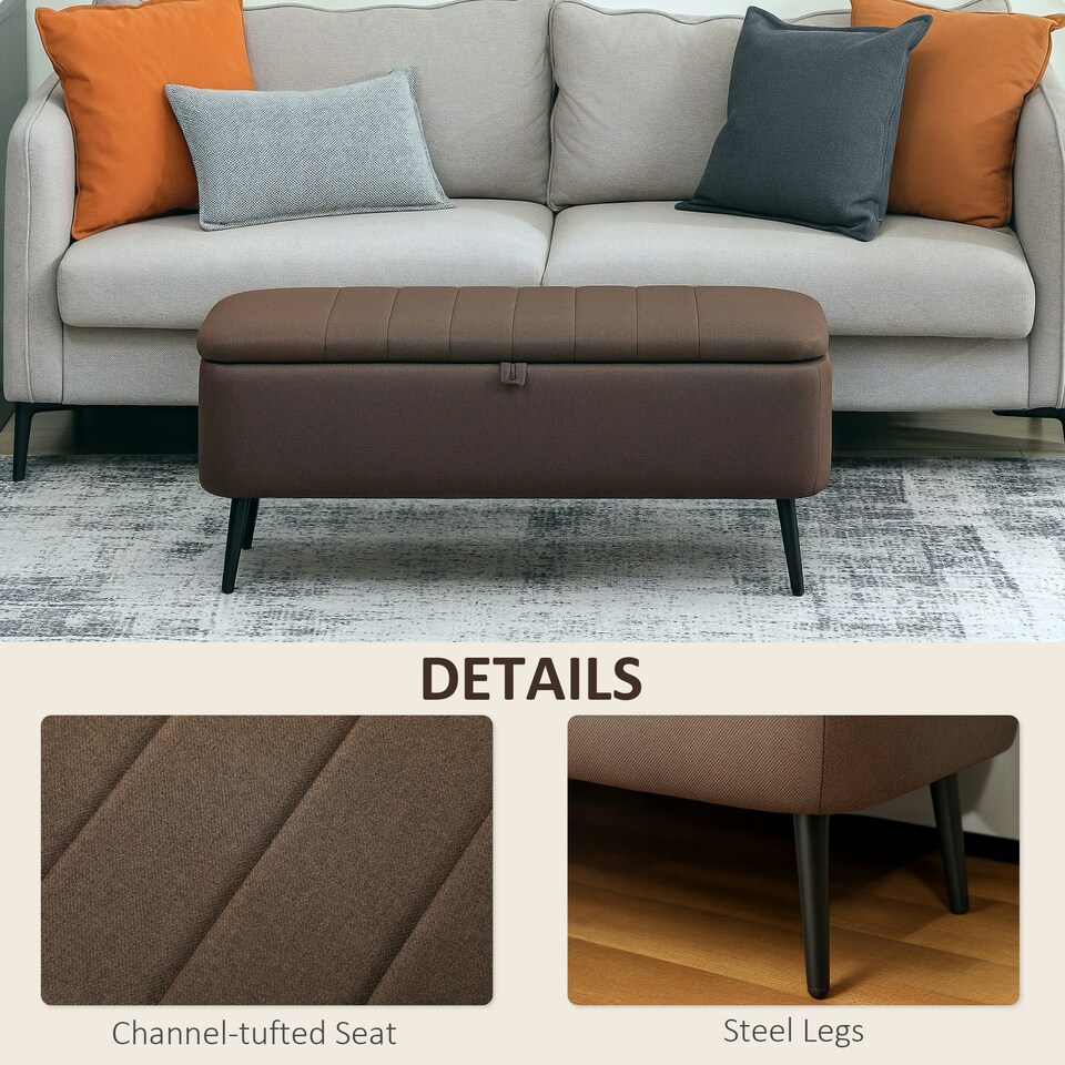 image 1 of HOMCOM Storage Ottoman Bench, Linen Fabric Footstool with Steel Legs Brown | Black