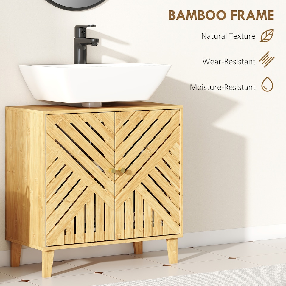 image 1 of HOMCOM Under Sink Bathroom Cabinet, Bamboo Freestanding Under Sink Cabinet with Adjustable Shelf and Slat Doors for Basin without Pedestal, Natural