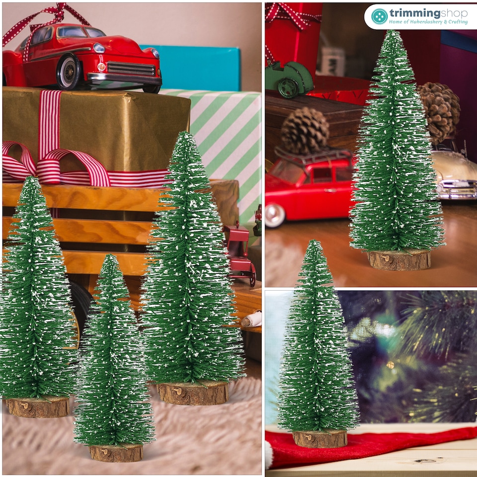 image 1 of Miniature Christmas Trees with Wooden Base for Xmas Village - 4pcs