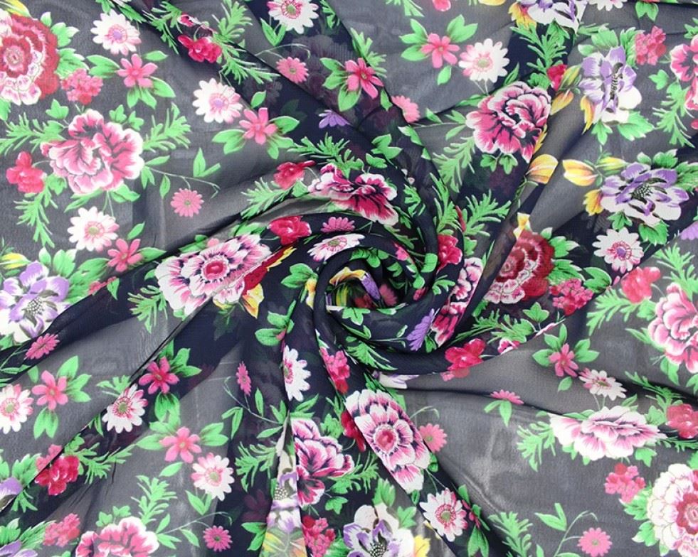 Minerva Navy Deadstock Printed Crinkle Chiffon Dressmaking Fabric per metre - 145cm / 57" Wide