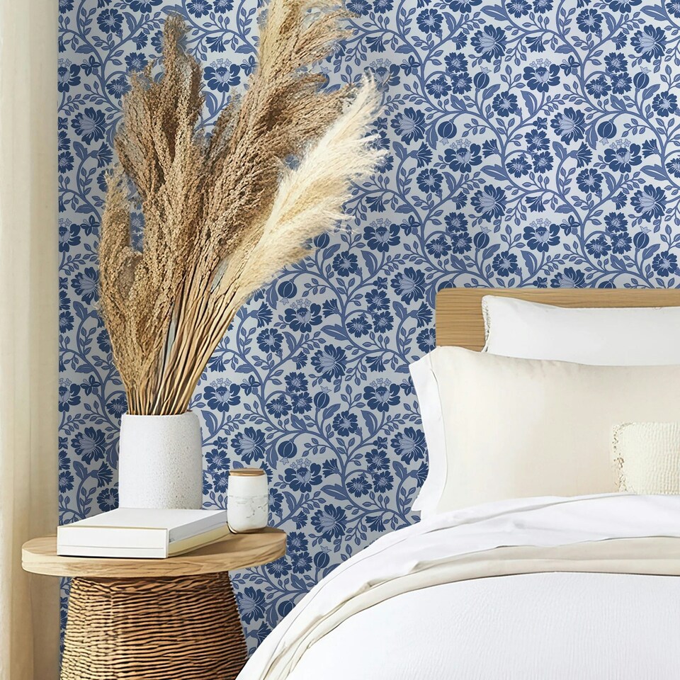 image 1 of Folksy Floral Wallpaper in Blue on White Blue