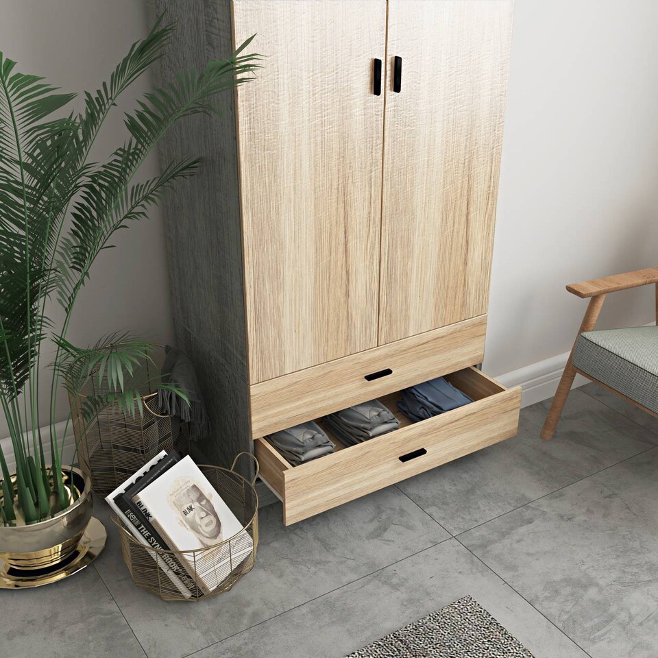 image 1 of 2-Door 2-Drawer Wardrobe with Storage Shelf, and Hanging Space - 180x75x46cm | Grey | Ash Grey & Oak | 1