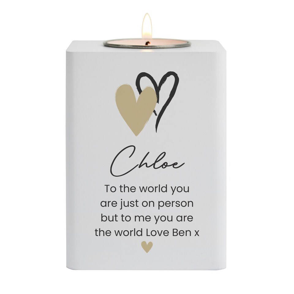 image 1 of Personalised Hearts Wooden Tealight Holder White