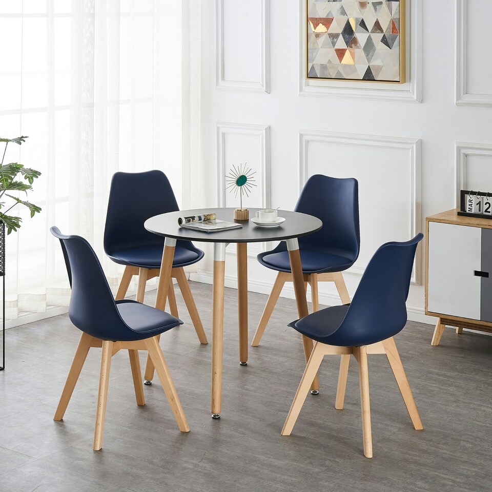 image 1 of Single Scandinavian Dining Chair with Leather Cushions Solid Wood Legs Blue