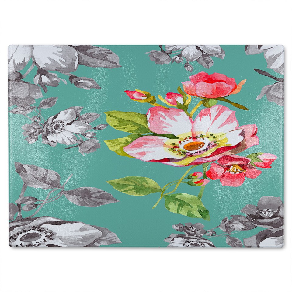 image 1 of Bright Flower On Green Glass Chopping Board | Multi