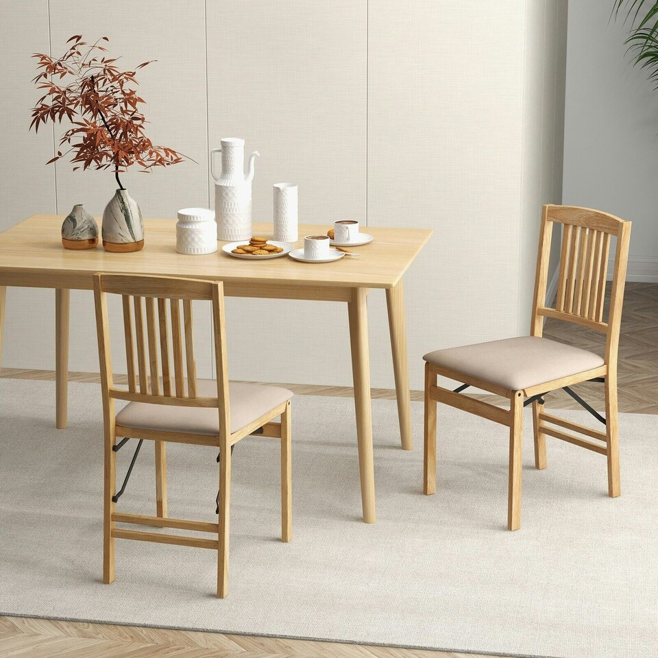 image 1 of COSTWAY Set of 2 Folding Dining Chairs Upholstered Beige White