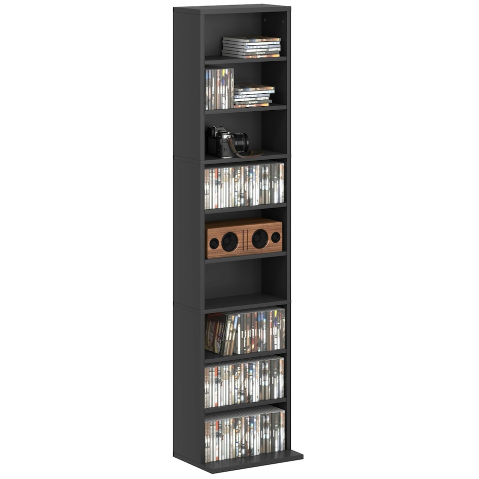 image 1 of HOMCOM 260 CD Storage Unit 120 DVD Storage Tower with 9 Compartments Black Grey | 33W x 24D x 140H cm