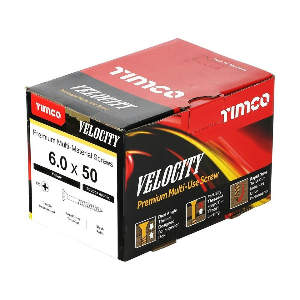 image 1 of Timco - Velocity Premium Multi-Use Screws - PZ - Double Countersunk - Yellow (Size 6.0 x 50 - 200 Pieces)