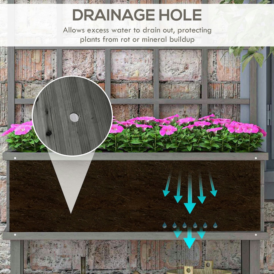 image 1 of Outsunny Wood Raised Planter w/ Trellis Drain Holes Elevated Garden Bed Grey