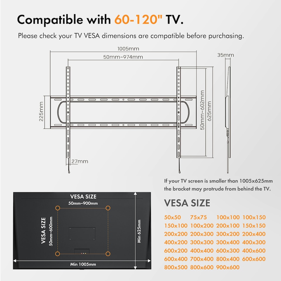 image 1 of VonHaus Ultra-Slim TV Wall Bracket for 60-120" Screens, 120kg Capacity