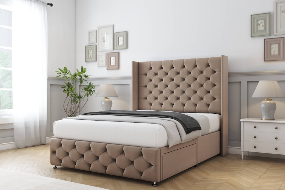 image 1 of Sloomy Luthor Mink Plush Divan Bed Base No Drawers With 54 Inch Wingback Headboard & 12 Inch Matching Footboard | Brown | Mink | Single | 1