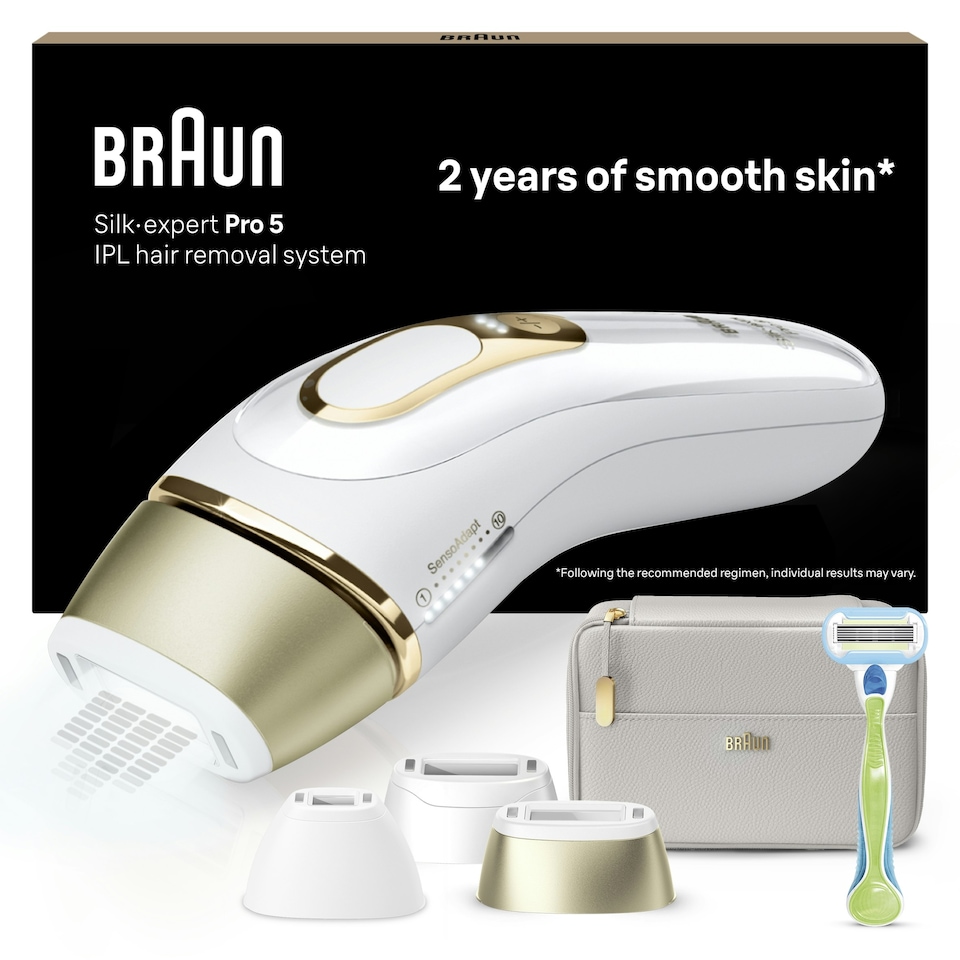 image 1 of Braun IPL Silk-Expert Pro 5, At Home Hair Removal Germanyvice with Pouch, White/Gold, PL5257