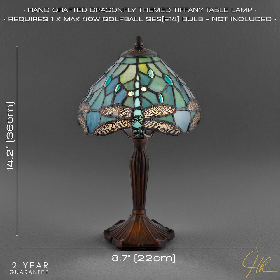 image 1 of Handmade Emerald Green Stained Glass 8 Inch Tiffany Lamp with Dragonfly Design | Green