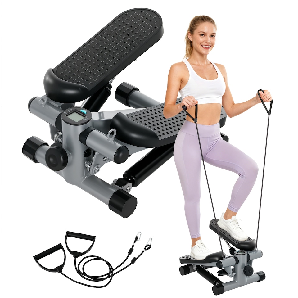 image 1 of SPORTNOW Mini Stepper, Compact Step Machine Exerciser for Home Workouts, with Resistance Bands, LCD Monitor, Non-Slip Pedals, Grey