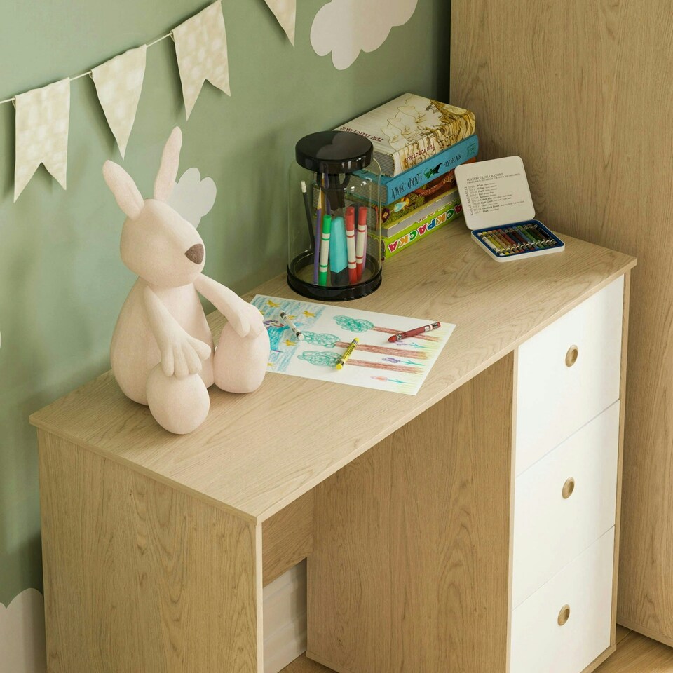image 1 of Junior Vida Neptune 3 Drawer Desk Computer Desk Home Workstation, White & Oak