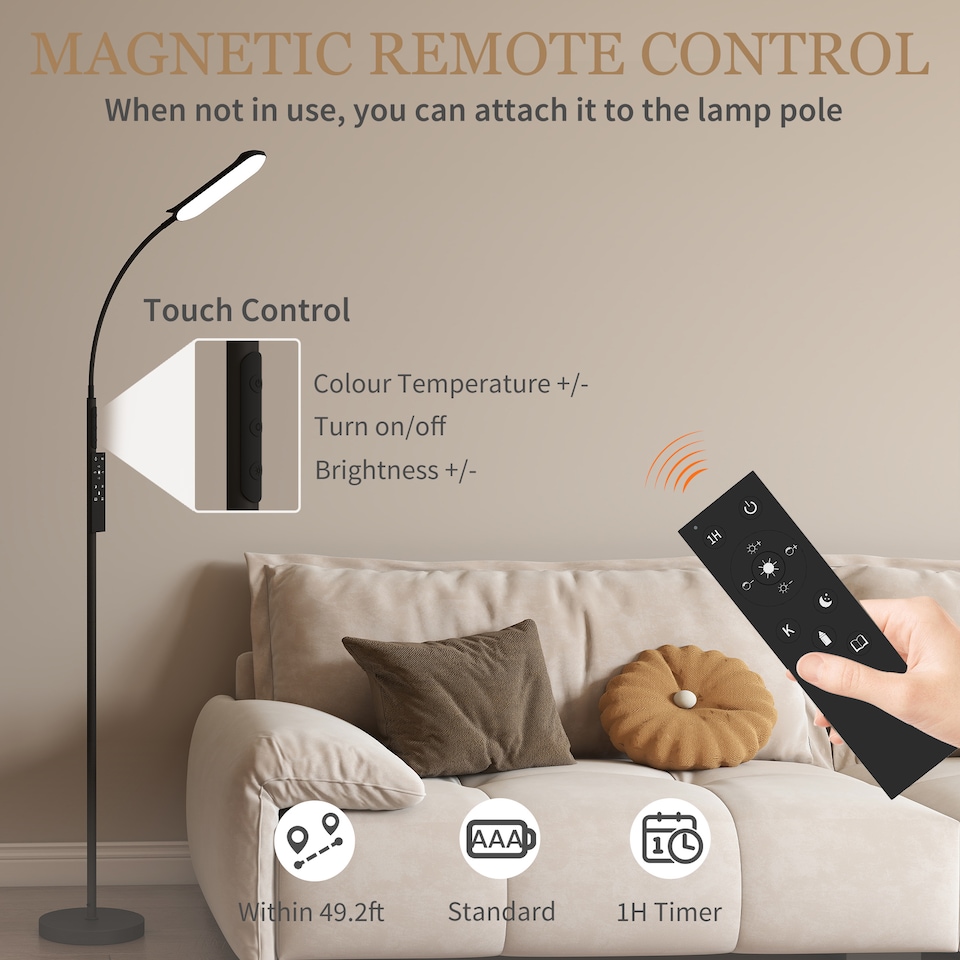 image 1 of HOMCOM LED Floor Lamp for Living Room with Magnetic Remote Control, Black