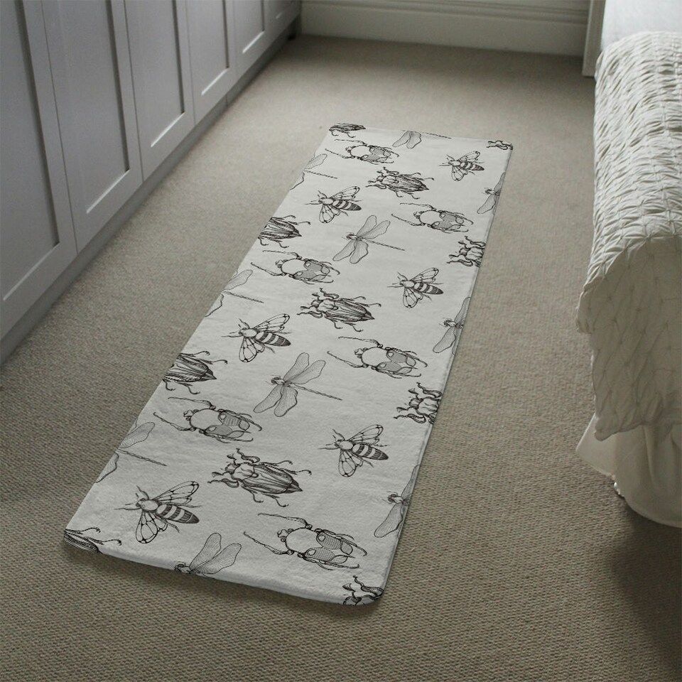 image 1 of Sketch of Scarab Beetle, May bug, Bee and Dragonfly (Runner Rug) White