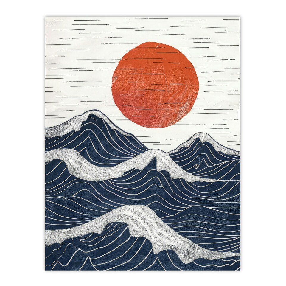 image 1 of Abstract Sunset Seascape Waves Sun Home Decor Black Framed Wall Art Print A4