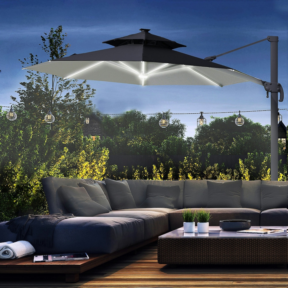 image 1 of Outsunny 3m Cantilever Parasol Solar Lights Power Bank Base 360° Spin Dark Grey