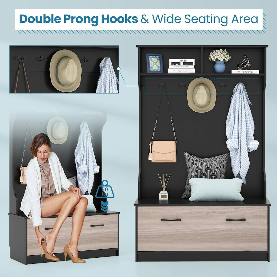 image 1 of COSTWAY 3-in-1 Freestanding Hall Coat Rack Stand Shoe Bench Black Black | One Size
