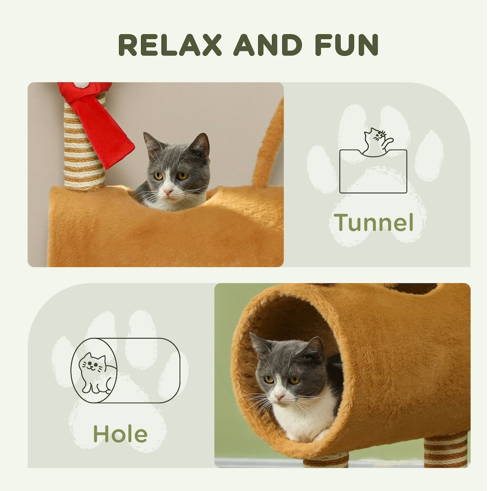 image 1 of PawHut Cat Tree 98cm Deer-Designed Scratching Post with Ball Tunnel, Brown