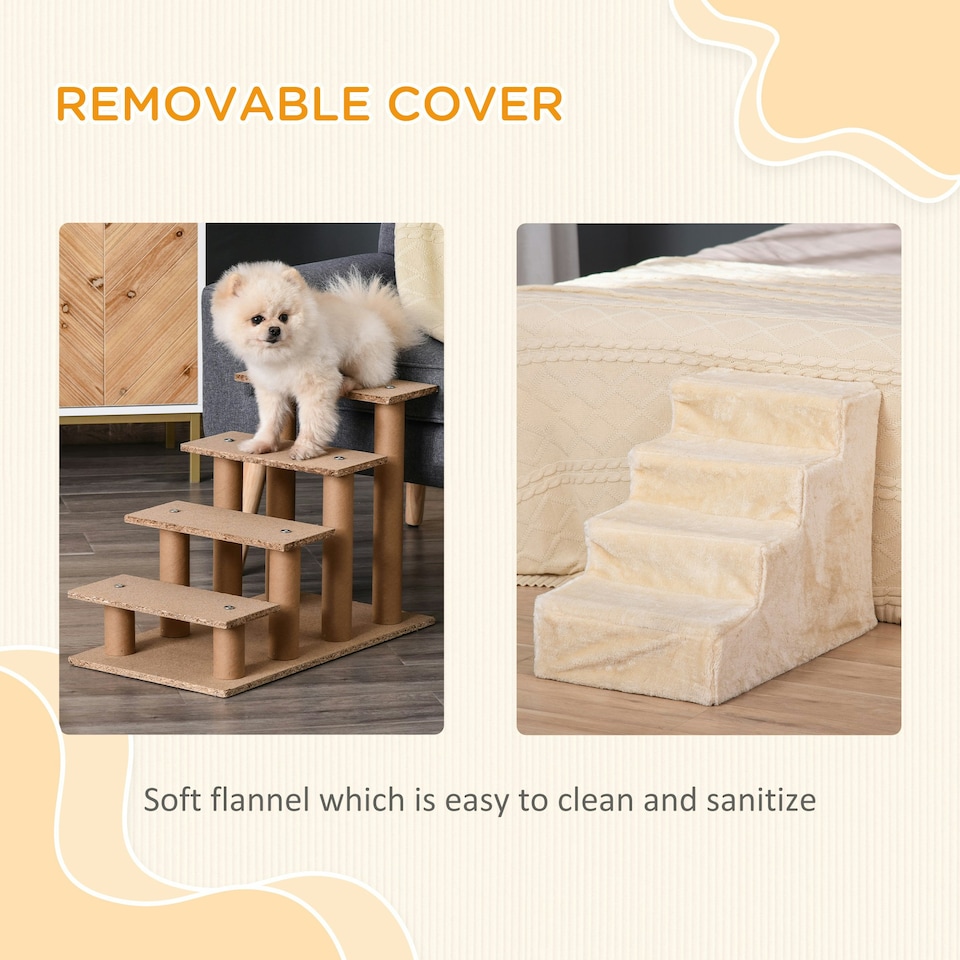 image 1 of PawHut Four-Step Portable Dog Stairs with Washable Plush Cover, Beige