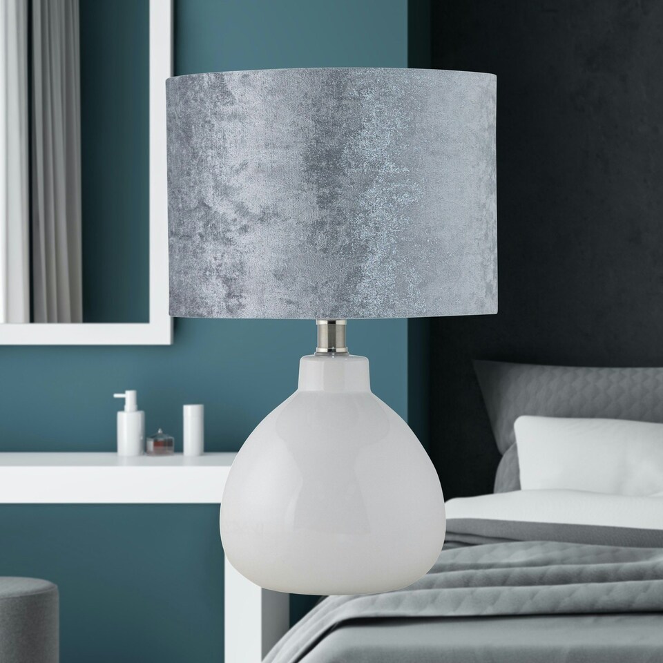 image 1 of First Choice Lighting Set of 2 Tuscan White Ceramic Lamps with Grey Crushed Velvet Shade White | Grey