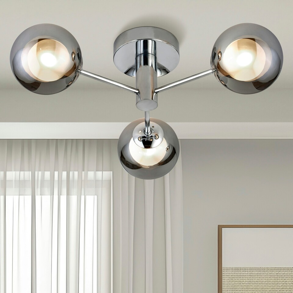 image 1 of 3LT CHROME CEILING WITH SMOKEY GLASS SHADE