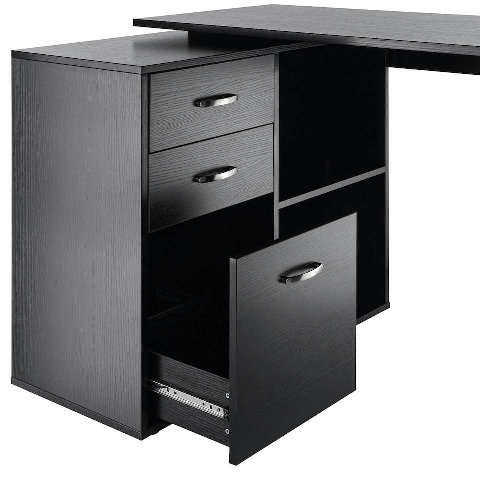 image 1 of HOMCOM Computer Desk Table Workstation L Shape File Cabinet Black Home Office