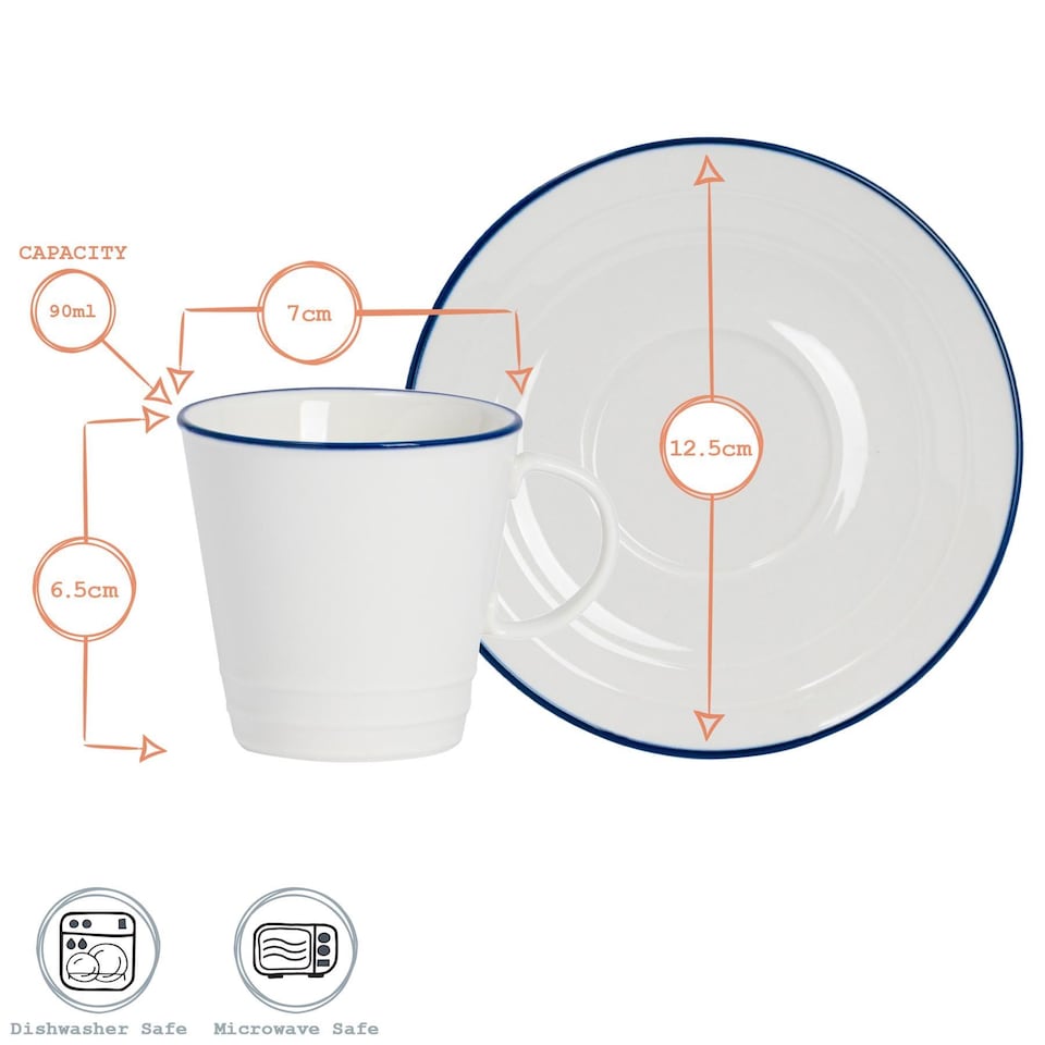 image 1 of Nicola Spring 12 Piece White Farmhouse Espresso Cup & Saucer Set - 90ml | White | White