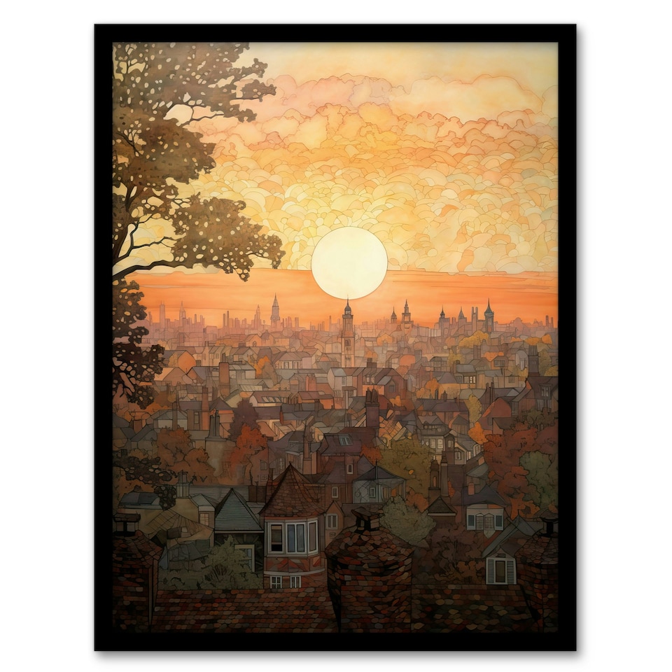 image 1 of Sunset Over Oxford City Watercolour Orange Black Framed Wall Art Print A4