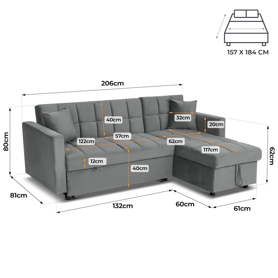 image 1 of Bargainia Milo 3 Seater Velvet Corner Sofa Bed Living Room